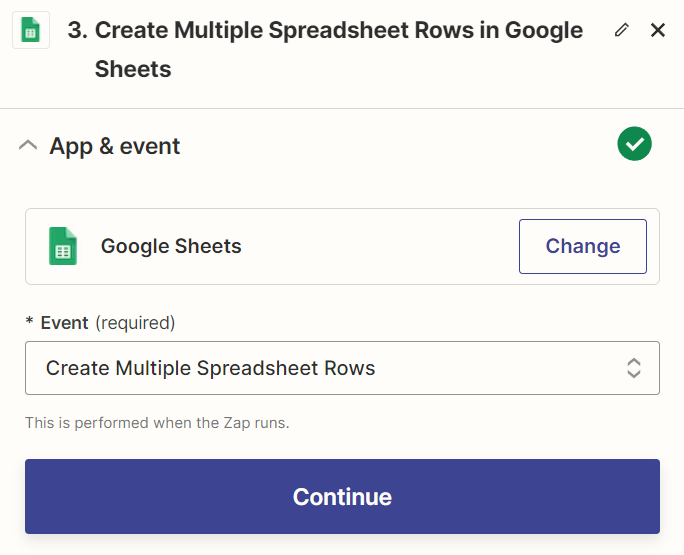 Add a new Google Sheets action with Multiple Spreadsheet Rows creation event