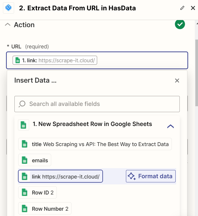 Add a new action to Extract emails from URL using HasData