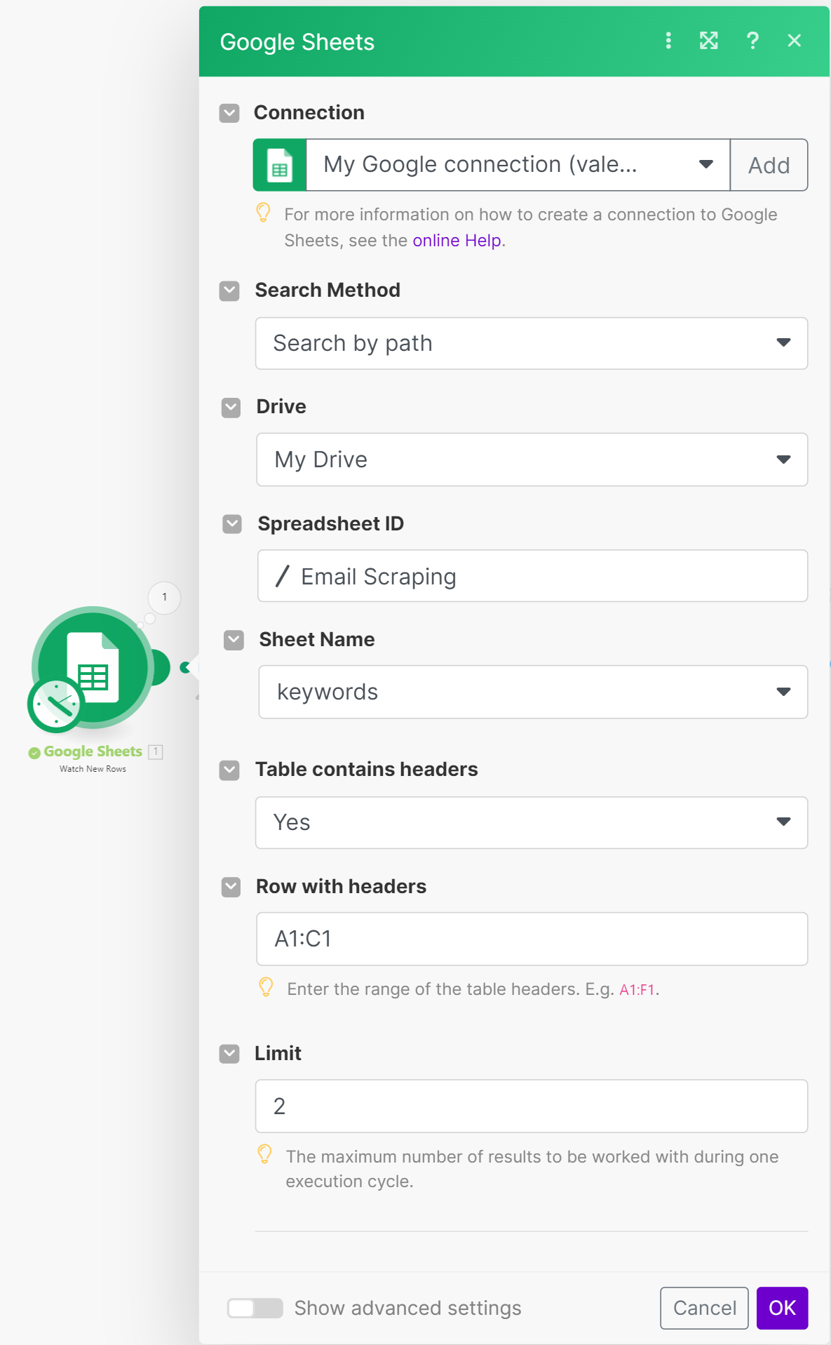Select a new action and find the Google Sheets integrations and the method for searching for new rows