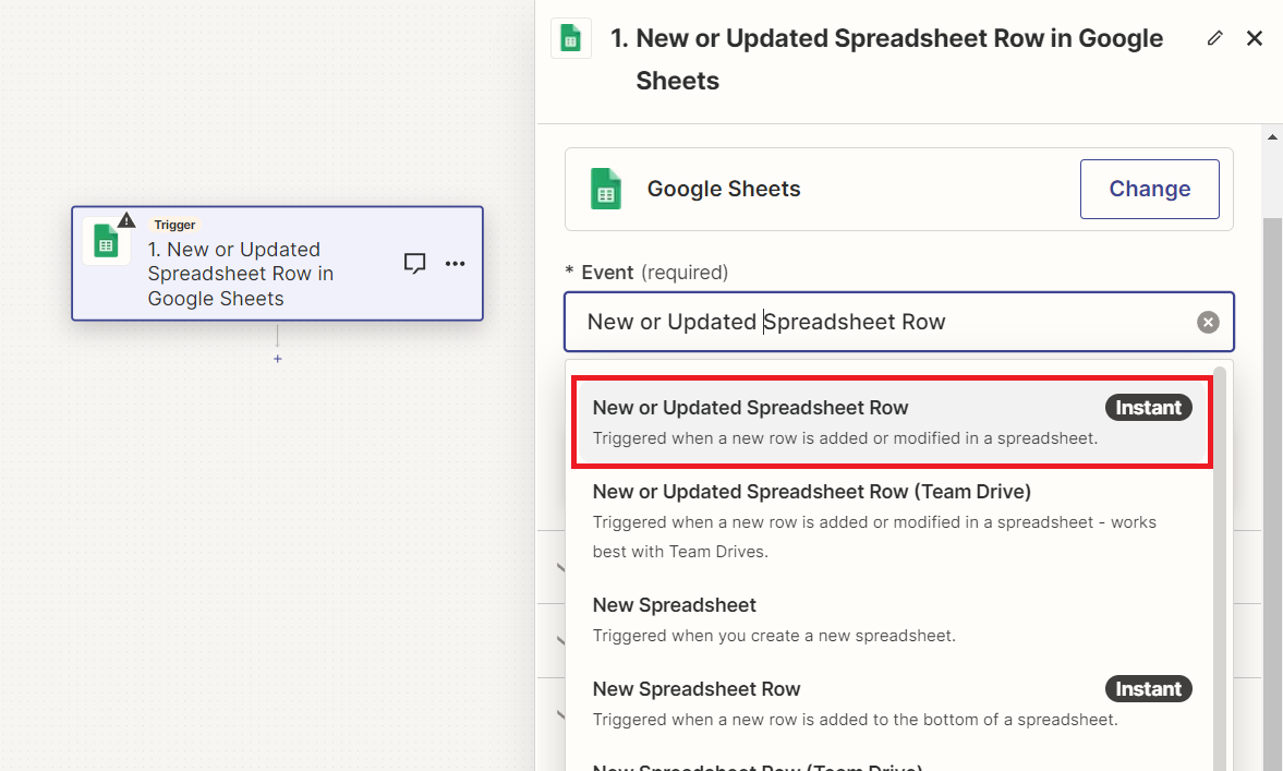 This image shows how to create a new Zap in Zapier that uses adding or updating a row in Google Sheets as a trigger