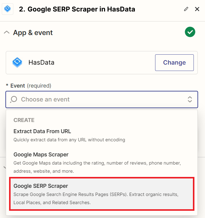 Create a new action HasData with Google SERP Scraper event