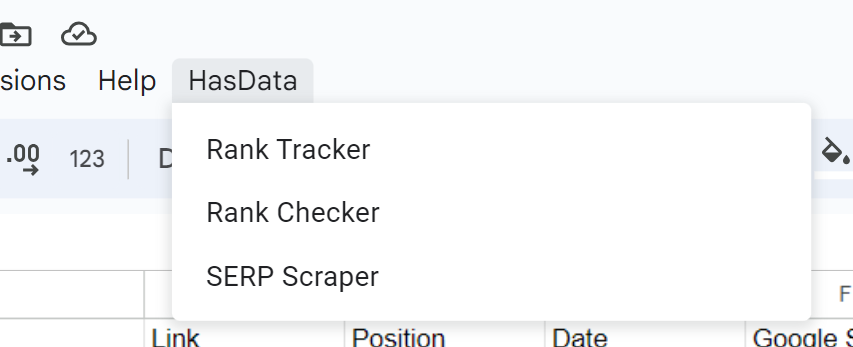 Additional menu with three functions: Rank Tracker, Rank Checker, and SERP Scraper