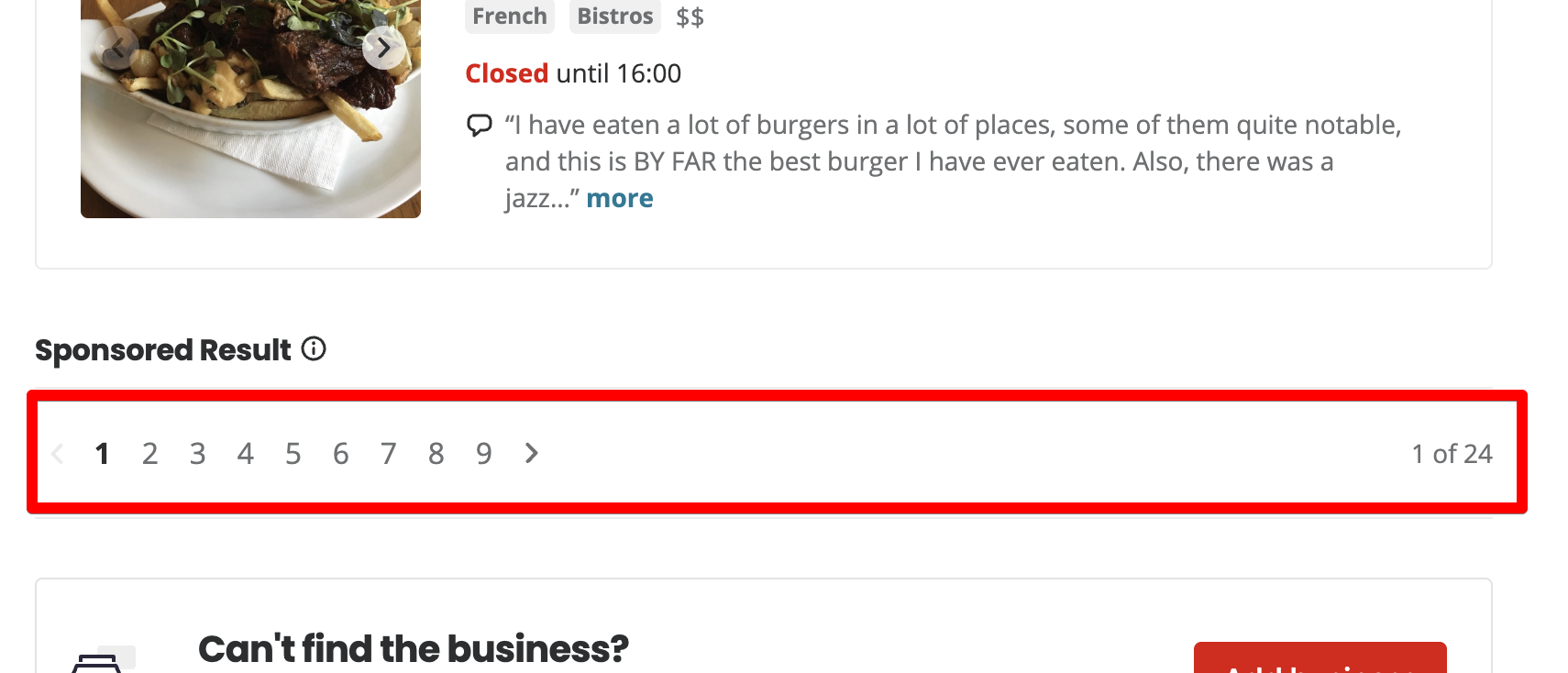 Pagination on the Yelp search results page